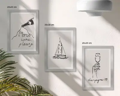 Sada obrazů na zeď se sklenicemi na šampaňské s lineárním motivem plachetnice