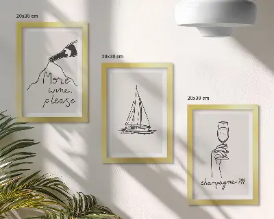 Sada obrazů na zeď se sklenicemi na šampaňské s lineárním motivem plachetnice