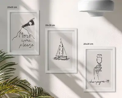 Sada obrazů na zeď se sklenicemi na šampaňské s lineárním motivem plachetnice
