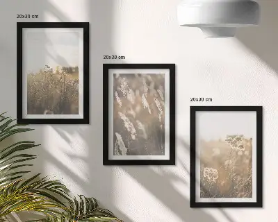 Sada tří obrazů krajina s trávami a květinami v teplých odstínech