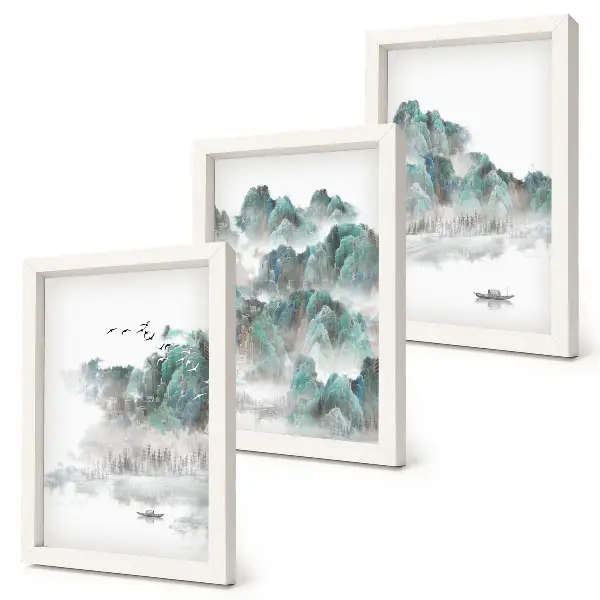 Sada obrazů na zeď hory v oblacích s ptáky a lodí na vodě v japandi stylu
