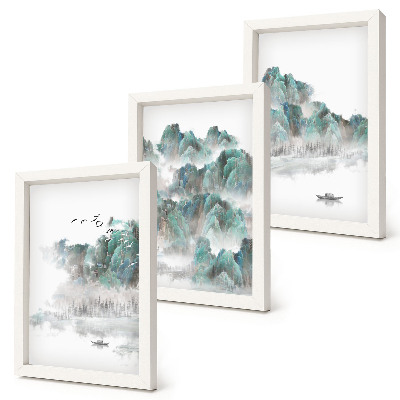 Sada obrazů na zeď Hory v oblacích s ptáky a lodí na vodě (japandi)