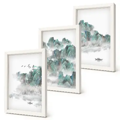 Sada obrazů na zeď hory v oblacích s ptáky a lodí na vodě v japandi stylu