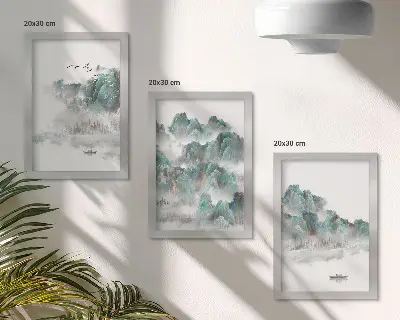 Sada obrazů na zeď hory v oblacích s ptáky a lodí na vodě v japandi stylu