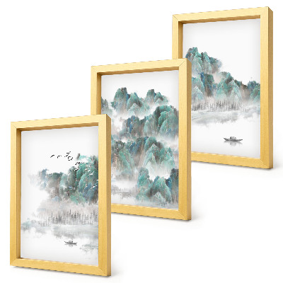 Sada obrazů na zeď Hory v oblacích s ptáky a lodí na vodě (japandi)