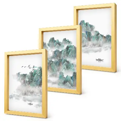 Sada obrazů na zeď hory v oblacích s ptáky a lodí na vodě v japandi stylu