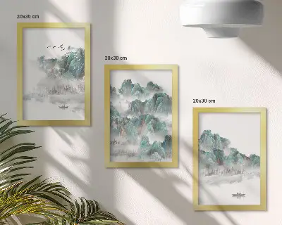 Sada obrazů na zeď hory v oblacích s ptáky a lodí na vodě v japandi stylu