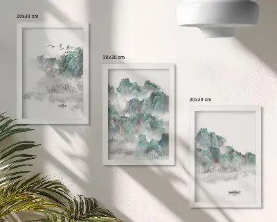 Sada obrazů na zeď hory v oblacích s ptáky a lodí na vodě v japandi stylu