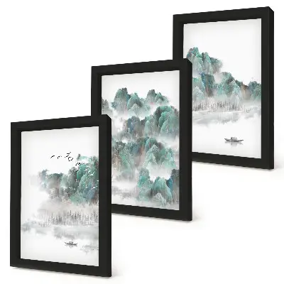 Sada obrazů na zeď hory v oblacích s ptáky a lodí na vodě v japandi stylu