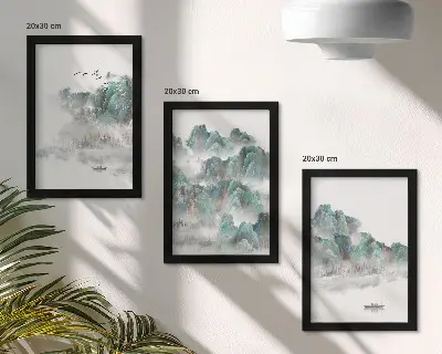 Sada obrazů na zeď hory v oblacích s ptáky a lodí na vodě v japandi stylu