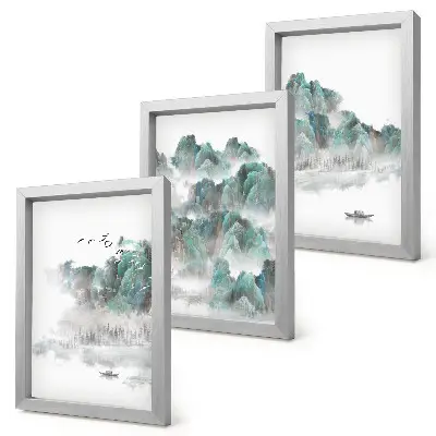 Sada obrazů na zeď hory v oblacích s ptáky a lodí na vodě v japandi stylu