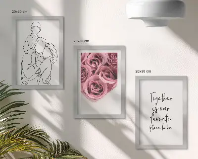 Sada obrazů na zeď s lineartem rodiny a růžových kytic s nápisem domů