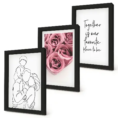 Sada obrazů na zeď s lineartem rodiny a růžových kytic s nápisem domů