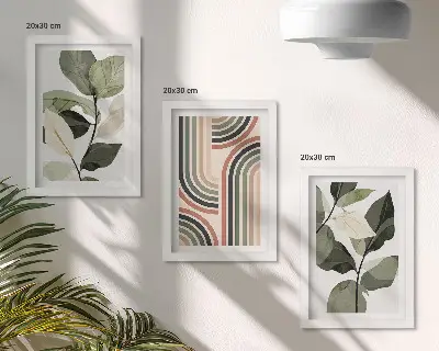 Sada tří obrazů s rostlinnými motivy a geometrickými vzory v odstínech zelené
