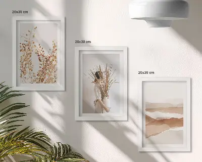 Vícedílný obraz v rámu s abstraktními rostlinnými motivy v rustikálním boho stylu