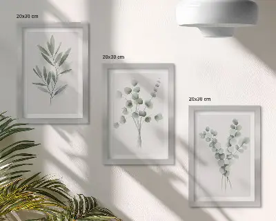 Sada tří obrazů rostlinné vzory v odstínech zelené a šedé
