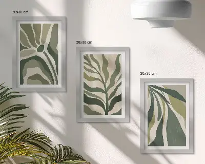 Sada tří obrazů ilustrace malovaných listů v odstínech zelené