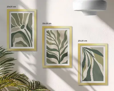 Sada tří obrazů ilustrace malovaných listů v odstínech zelené