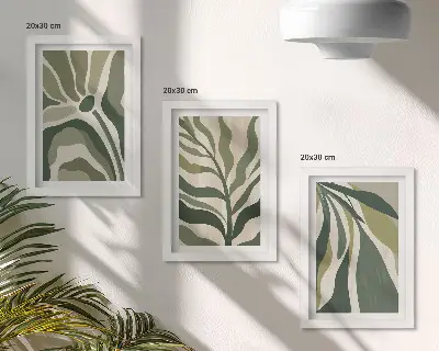 Sada tří obrazů ilustrace malovaných listů v odstínech zelené