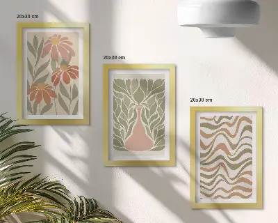 Sada tří obrazů pastelové květinové ilustrace a vlnité abstrakce