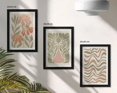 Sada tří obrazů pastelové květinové ilustrace a vlnité abstrakce