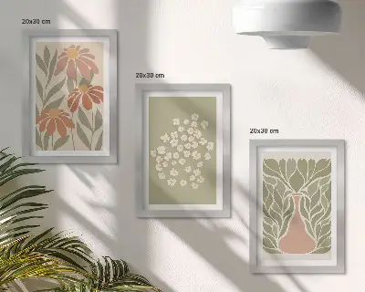 Vícedílný obraz v rámu s květinovými motivy v minimalistickém boho stylu