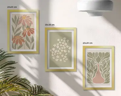 Vícedílný obraz v rámu s květinovými motivy v minimalistickém boho stylu