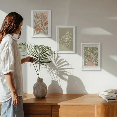 Vícedílný obraz v rámu s květinovými motivy v minimalistickém boho stylu