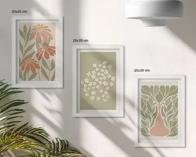 Vícedílný obraz v rámu s květinovými motivy v minimalistickém boho stylu