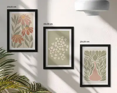 Vícedílný obraz v rámu s květinovými motivy v minimalistickém boho stylu
