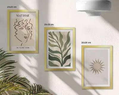 Vícedílný obraz v rámu abstraktní rostlinné vzory a linie v tlumených barvách