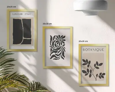 Vícedílný obraz v rámu s abstraktními rostlinnými vzory a geometrickými tvary