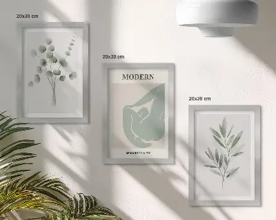 Vícedílný obraz v rámu rostlinné motivy v jemných odstínech zelené