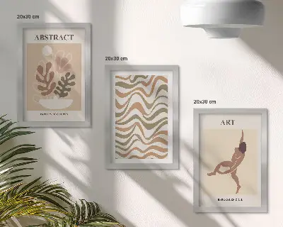 Vícedílný obraz v rámu s motivem abstraktních tvarů a vzorů v boho stylu