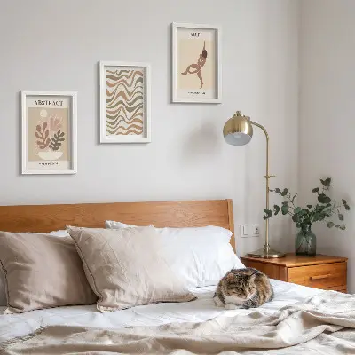 Vícedílný obraz v rámu s motivem abstraktních tvarů a vzorů v boho stylu