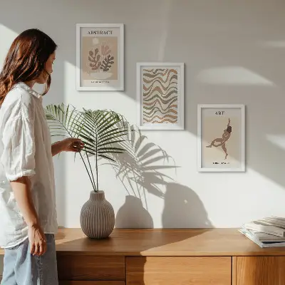 Vícedílný obraz v rámu s motivem abstraktních tvarů a vzorů v boho stylu