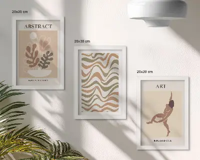Vícedílný obraz v rámu s motivem abstraktních tvarů a vzorů v boho stylu