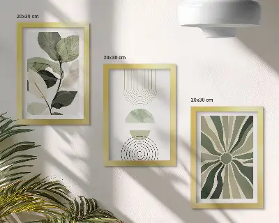 Sada tří obrazů rostlinné motivy v zelených barvách s geometrickými tvary