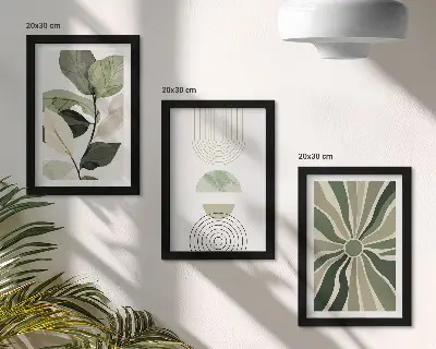 Sada tří obrazů rostlinné motivy v zelených barvách s geometrickými tvary