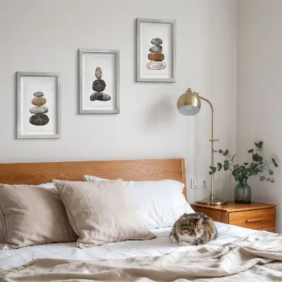 Vícedílný obraz v rámu minimalistická malba s motivem hromad kamenů ve stylu boho