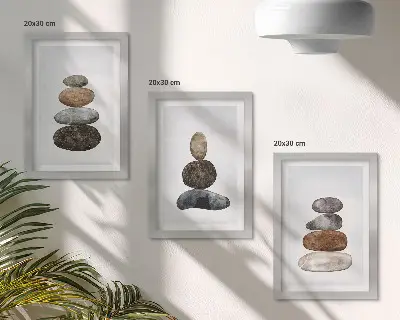 Vícedílný obraz v rámu minimalistická malba s motivem hromad kamenů ve stylu boho