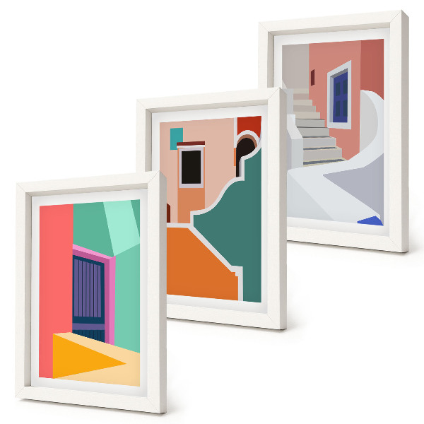 Sada tří obrazů Barevné ilustrace budov moderního stylu