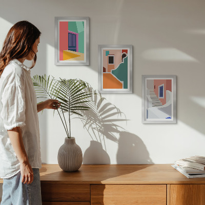 Sada tří obrazů Barevné ilustrace budov moderního stylu