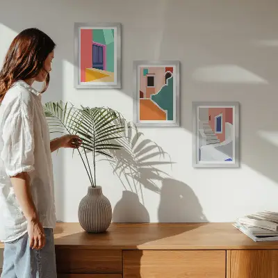 Sada tří obrazů barevné ilustrace budov v moderním stylu