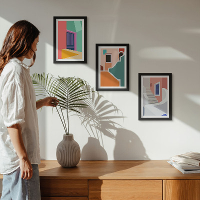 Sada tří obrazů Barevné ilustrace budov moderního stylu