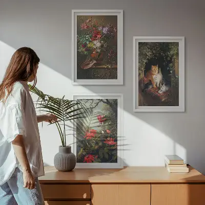 Sada 3 obrazů vintage květiny, kočky a přírodní motivy