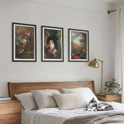 Sada 3 obrazů vintage květiny, kočky a přírodní motivy
