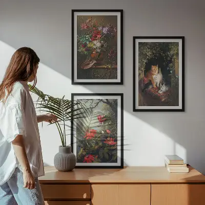 Sada 3 obrazů vintage květiny, kočky a přírodní motivy