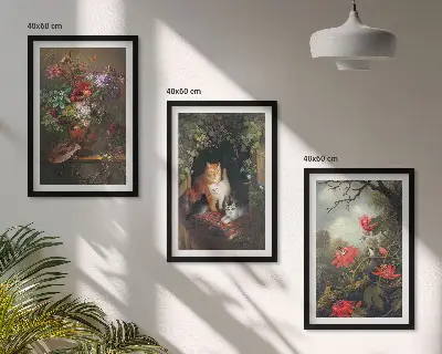 Sada 3 obrazů vintage květiny, kočky a přírodní motivy