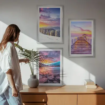 Zimní horská krajina s jezerem sada 3 obrazů
